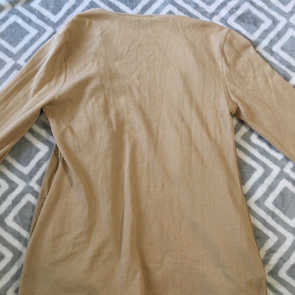 Lisa Rinna Collection Tan Cardigan, Faux Suede Mixed Fabric Open Front - Picture 3 of 3